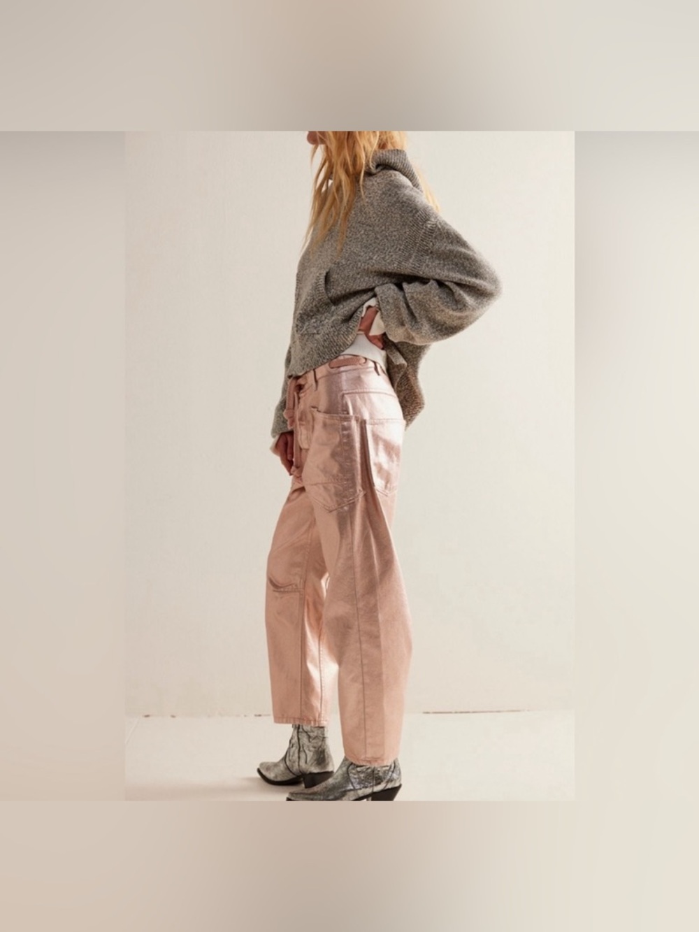 NWOT Free People We The Free Moxie Metallic Low-Slung Barrel Jeans - pink - 26 - Picture 3 of 11